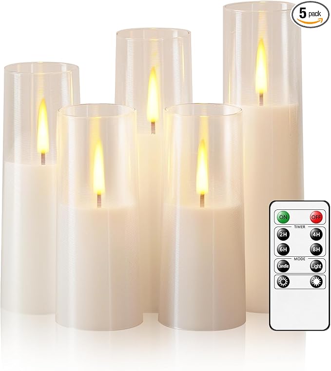Flameless LED Candles, Upgraded Realistic 5 Pcs Flickering Flame Pillar Candles, Battery Operated Candles with Remote Timer, for Romantic Ambiance and Home Decoration (White)