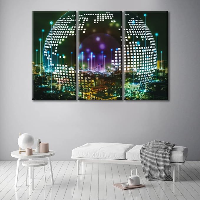 Wall Decor City with Wireless Network Connection Concept Posters and Prints 3 Piece Abstract Communication Technology Concept Art Prints Wall Art Giclee Print Gallery Packaging Artwork (60"Wx40"H)