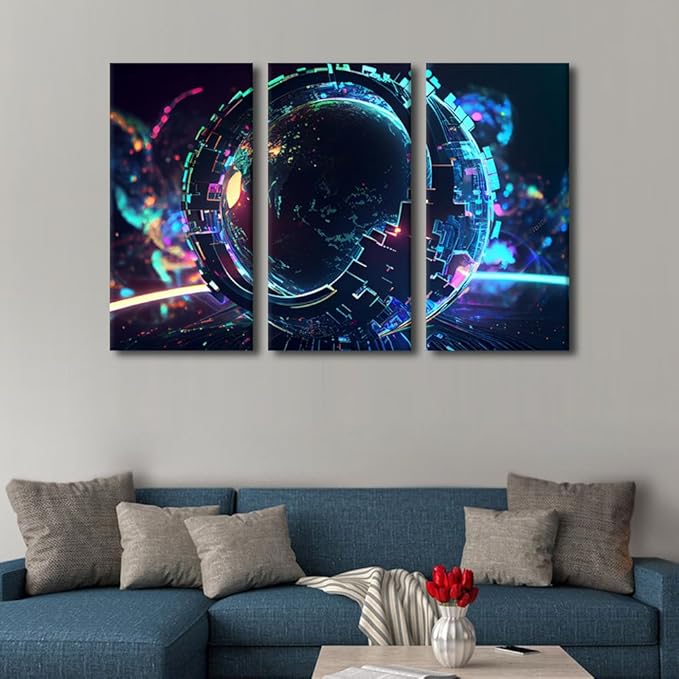 TUMOVO 3 Panel Wall Art Neon Colorful Global World in Cyber Space Poster on Canvas, Modern Wall Art for Home Office Decoration, Concept Artwork Stretched Framed Ready to Hang, 42" Wx28 H