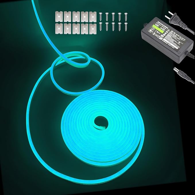 Ice Blue Neon LED Strip Light, 16.4ft/5M Flexible Rope Light - 12V DC, 600 LEDs, Waterproof for Indoor & Outdoor Home Decor (Include Power Adapter)