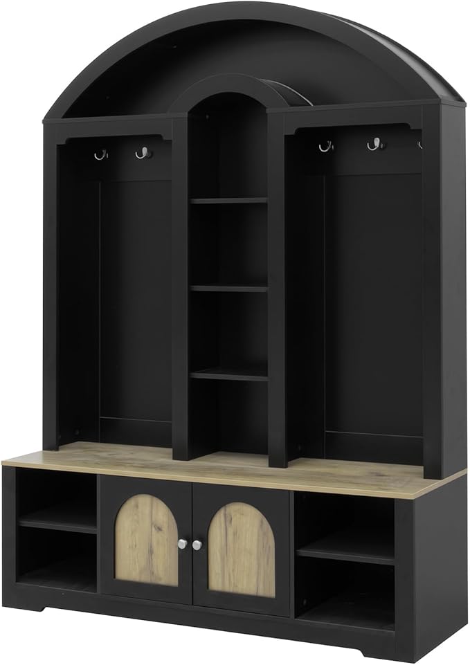 Merax 59" Multi-Functional Hall Tree with Shoe Racks, Curved Style Scandinavian Entryway Organizer with Hangers, Hooks & Shelves for Mudroom, Living Room, Black+Natural