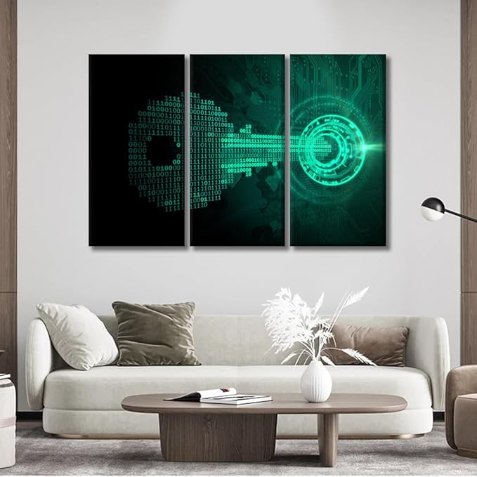 LSIUHWUWI 3 Panel Wall Art Cyber Security Concept Key Made from Binary Code Fits Iinto A Lock Picture Print on Canvas Wall Art for Living Room Decoration, Framed Ready to Hang, 20x40inchx3