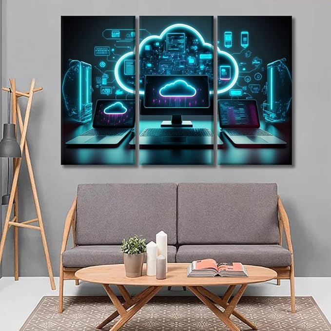 LSIUHWUWI 3 Panel Wall Paintings for Living Room Modern Cloud Technologies Neon Colors Cyber Space Picture Prints on Canvas for Home Office Wall Decorations, 20x40inchx3