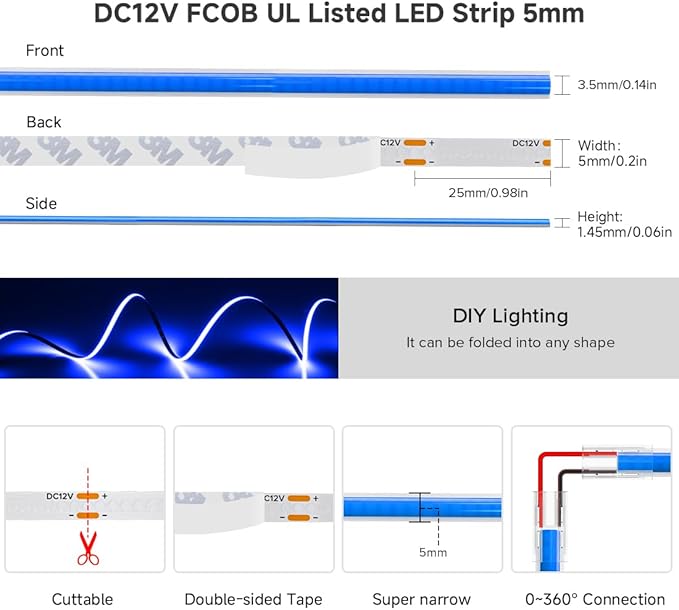 BTF-LIGHTING FCOB COB LED Strip Blue Color 5mm Width UL Listed Super Narrow Flexible Uniform Light DC12V 16.4FT CRI 90+ Dimmable LED Ribbon for Bedroom Home Indoor Decor(No Adapter or Controller)