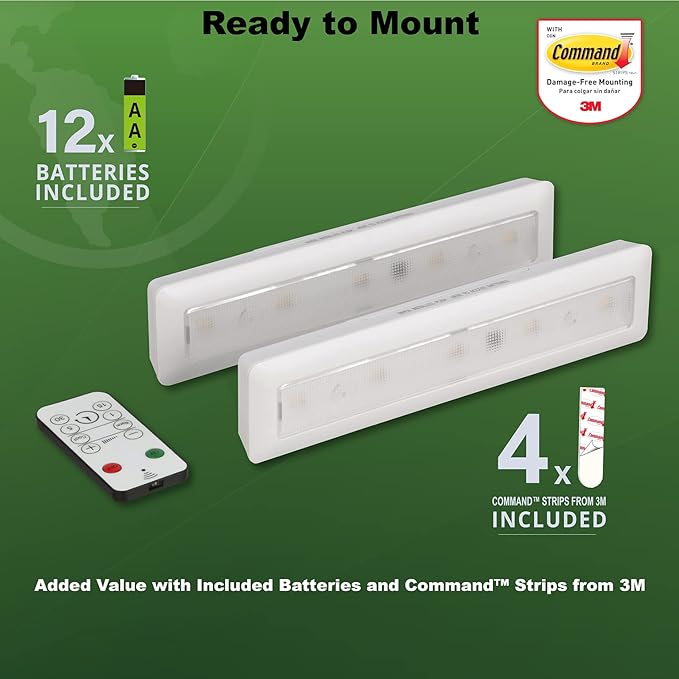 Ecolight 9-inch Bar Lights - 2-Pack, Battery Operated, Tap on/Off - White Color Changing, Dimmable, IR Remote with Timer - 80 Lumen, 30,000 Hour Rated Lamp Life - White Finish