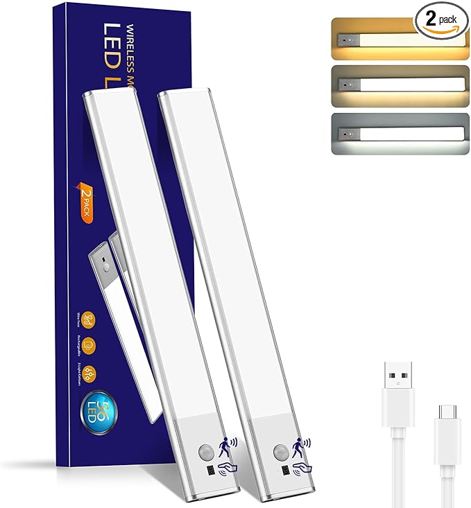 Under Cabinet Lighting,Rechargeable Motion Sensor Light Indoor with Hand Wave Sensor, 3 Color Temps,2Pack Magnetic Dimmable Closet Lights,Wireless Under Counter Lights for Kitchen, Stairs,Hallway