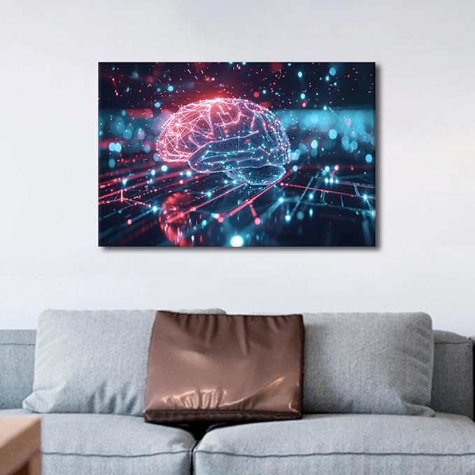 Futuristic Technology Canvas Paintings Wall Art Digital Human Brain Picture House Decorations Bedroom Art Work for Wall Decor Living Room Kitchen Home Decor Frame Ready to Hang 16"Wx24"Hx1 Panel