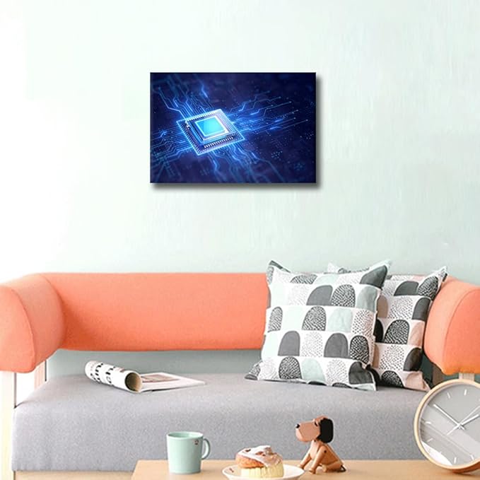 TUMOVO AI Wall Art Painting on Canvas Glowing CPU Bedroom Wall Art Modern Home Decor Computer Chip House Decorations for Living Room Bathroom Pictures Stretched on Wooden Frame, 18x12in