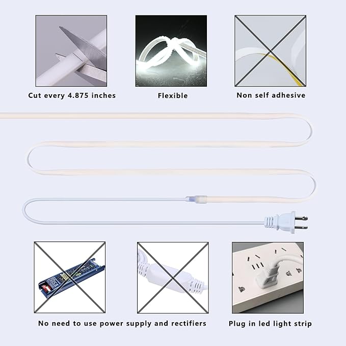 AC 110V COB LED Strip Lights 98.4ft, 6000K Cool White LED Rope Light Outdoor Waterproof, 10W/M CRI 90+ Flexible Cuttable, for Bedroom, Living Room, Garden, Commercial, House