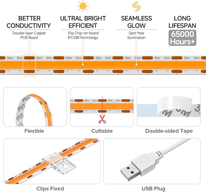 BTF-LIGHTING FCOB USB Powered Orange Color COB LED Strip Lights 3.28FT 320LEDs 5V 8mm Width 90+ High CRI Ultra Bright Flexible Light for 3D Printer TV Backlight Display Cabinet PC DIY Decor