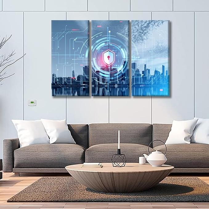 3 Panel Digital Cybersecurity Concept Wall Art Internet Security and Global Protection Pictures Print On Canvas for Hotel Home Wall Decora,Posters and Prints Framed Ready to Hang, 20x40inchx3