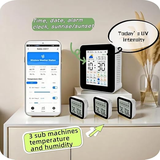Weather Stations Wireless Indoor Outdoor Thermometer Alarm & Smart WiFi Weather Forecast Next 3 Days with Phone App Temperature & Humidity Monitor with 3 sensors Store 1 Year's Data. (2CO17-3)