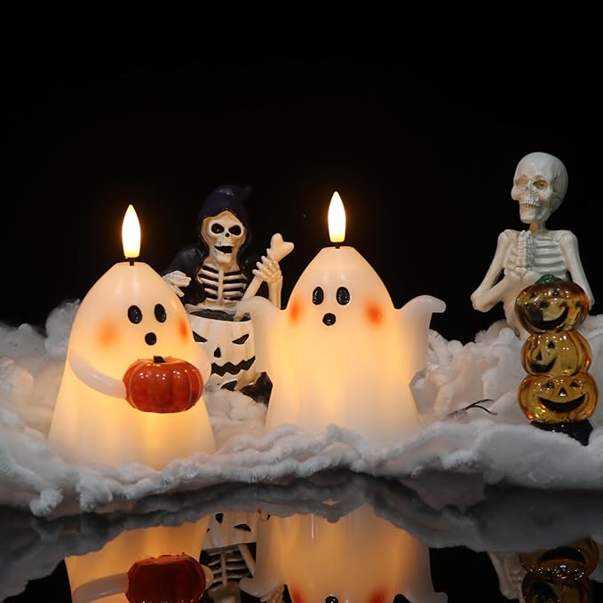 Eldnacele Halloween Ghost Flickering Flameless Candles with 6 Hour Timer, Battery Operated Tea Lights White Spooky Ghost Lights Wax Candles Indoor Fireplace Holiday Decorations Gifts(2Pcs, D3.5×H5)