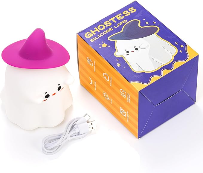 Ghost Night Light, Cute LED Silicone Lamp,Dimmable Bedside Bedside LED Lamp, Rechargeable Nursery Nightlight, with 30 Minute Timer Touch Lamp for Birthday Halloween Christmas Bedroom Decorations