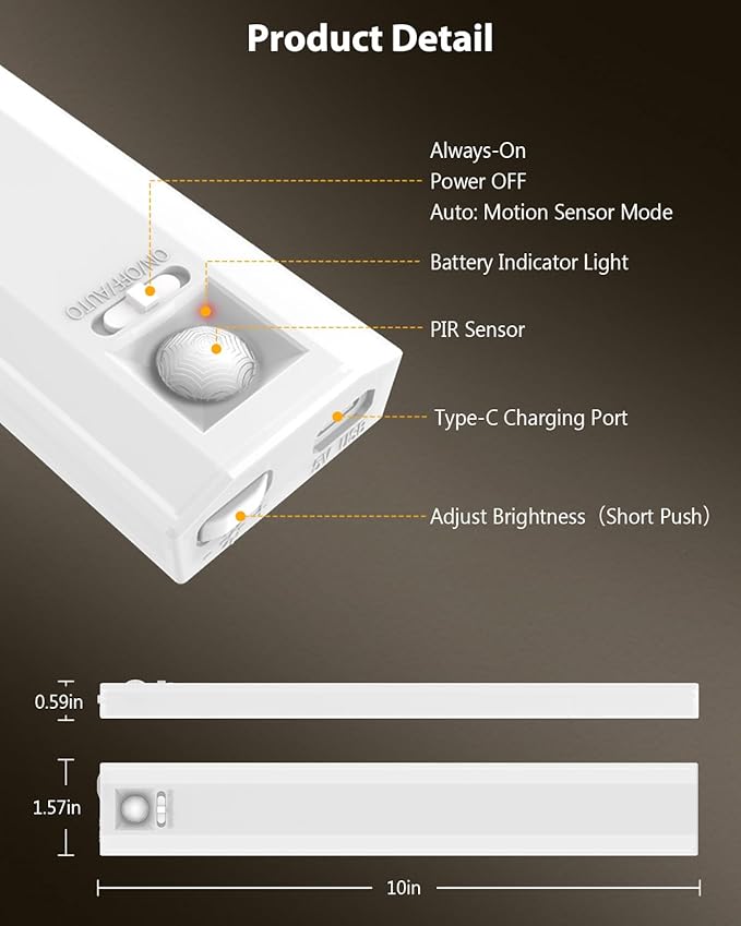 10inch Under Cabinet Lighting, 68 LED Rechargeable Motion Sensor Light Indoor, 6 Levels Dimmable Magnetic Closet Lights, Wireless Under Counter Lights for Kitchen, Stairs, Bedroom, 2-Pack Warm Light