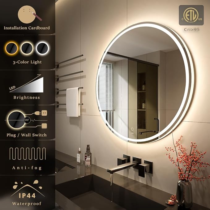 KWW Round Mirror Bathroom LED Lighted Mirror, Illuminated Dimmable Anti-Fog Wall-Mounted Makeup Vanity Mirror with Lights (36 inches)