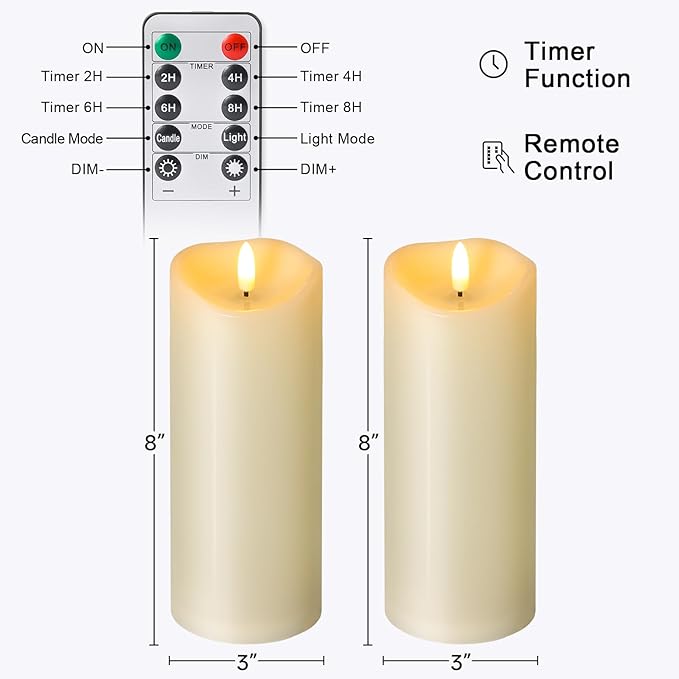 NURADA Outdoor Flameless Candles with Remote Timer - Waterproof Tall Realistic Flickering LED Pillar Electric Battery Operated Fake Candle for Home Wedding Fireplace Decor - Ivory 2 Pack (8" 8")