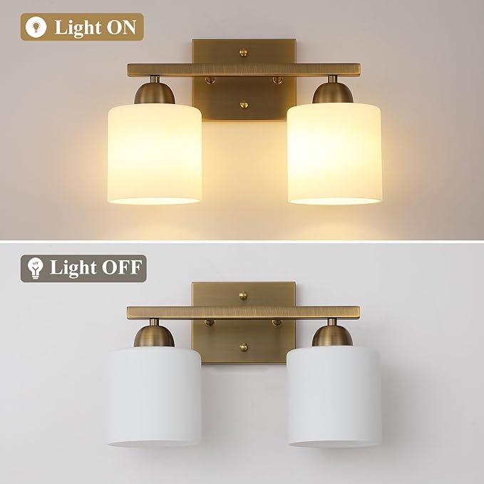 Milk Glass Vanity Lights for Bathroom, 2 Light Brass Bathroom Light Fixtures Over Mirror, Ceramic E26 Sockets Wall Mounted