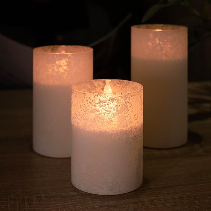 White Glass Flameless Candles Set of 3 (3"x4" 5" 6") – Battery Operated LED Pillar Candles with Remote and Timer, Flickering Electric Fake Candles for Home Wedding Decor