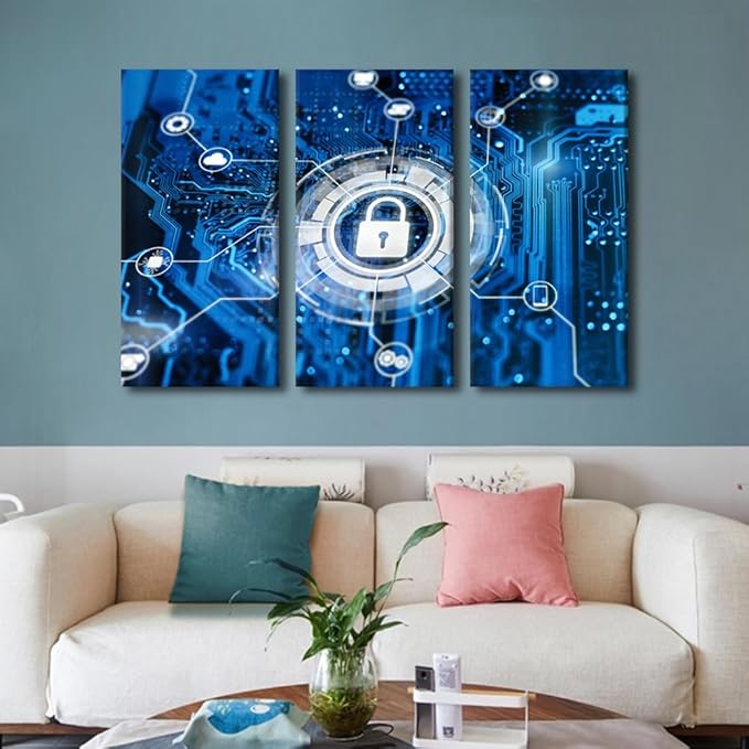 TUMOVO 3 Panel Canvas Wall Art Contemporary Art Glowing Futuristic Backround with lock on Digital Integrated Circuit Artwork for Living Room Modern Wall Decoration, Ready to Hang, 42" Wx28 H