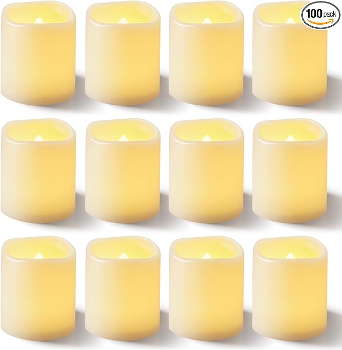 Homemory 100Pack Flickering Flameless Votive Candles, 200+Hour Electric Fake Candles, Battery Operated LED Tealight for Wedding, Outdoor, Table, Festival (Warm White,Battery Included)