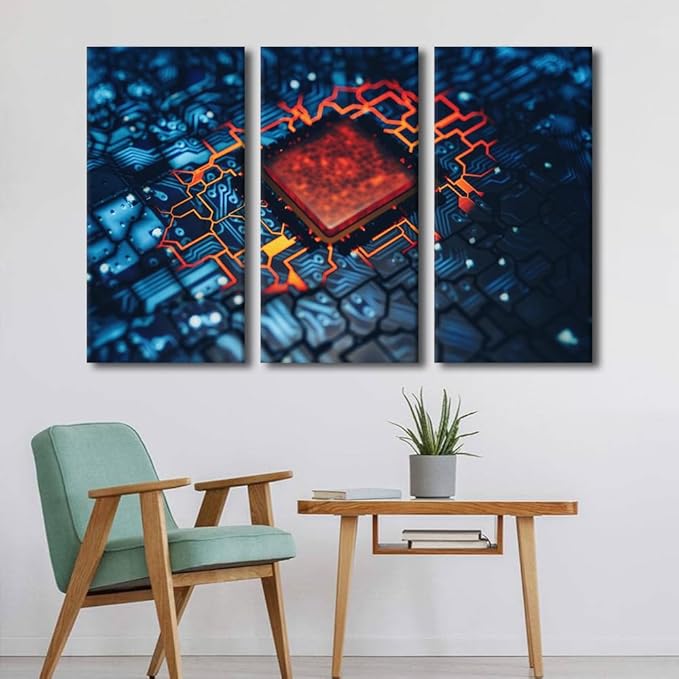 Wall Art for Living Room Home Decor Posters and Prints Circuit 3 Pieces Rustic Decoration Motherboard Digital Chip Artwork Black and White Wall Art Print on Canvas Framed Ready to Hang(40"Wx60"H)