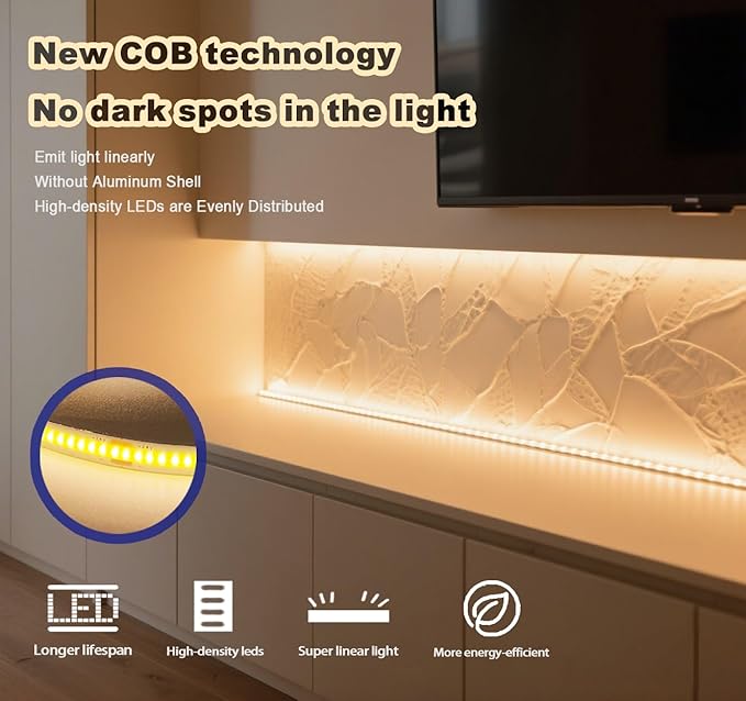 50ft 3000K DC 24V COB LED Strip Light ETL Listed, 0-100％ Brightness Dimmable Bright Warm White Led COB Strip Light, Led Strip Light for Stair, Cabinet, Room(Include AD/DC Adapter and Remote)