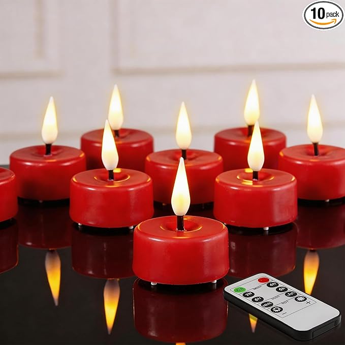 Eywamage Red Flameless Tealights with Remote Batteries, Flickering Real Wax LED Tea Votive Candles Proposal Decor Set of 10