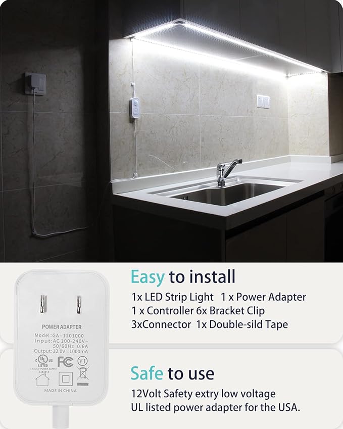 Motion Sensor Led Light Strip - with UL FCC Plug Adapter, Multi-Functional Controller, Dimmer and Timer, Under Cabinet Lights for Kitchen Stair Showcase Bedroom Corridor Counter 16.4ft ColdWhite.