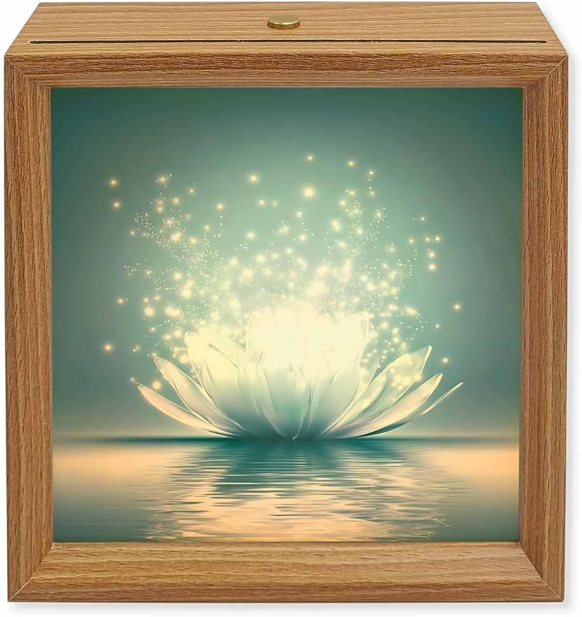 Wood Night Light Box 4.5x4.5in,Meditation Lotus Flower Table Lights Wooden Picture Frame with USB Rechargeable Touch LED Lights for Home Decor Desktop Display,Asian Zen Spiritual