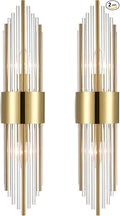 2-Light Modern Brushed Titanium Gold Wall Sconce with Clear Glass Crystal Luxury Wall Light Fixtures for Bedroom Living Room Bathroom Vanity Mirror Light Fixtures Set of 2