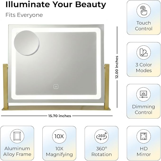 Vanity Mirror with Lights, 12" x 16" Lighted Makeup Mirror with Smart Touch Control, LED Makeup Mirror with 3 Color Lighting Modes, 360° Rotation, 10X Magnification for Tabletop - Gold