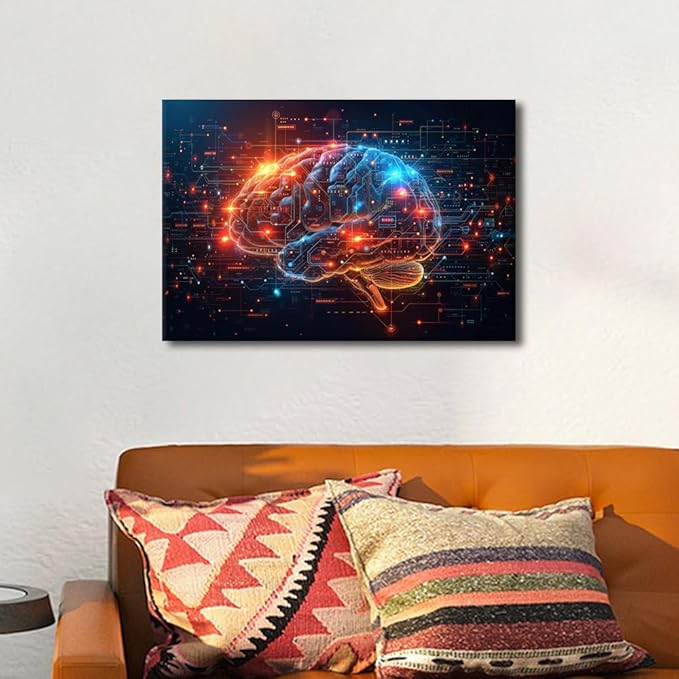 Brain's Neural Networks Wall Art for Living Room Digital Code Pictures for Bedroom Wall Decor Artificial Intelligence Painting Wall Decorations for House Human Brain Prtins Artwork 12"Wx18"Hx1 Panel