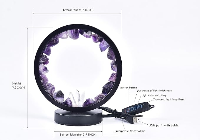 AMOYSTONE Natural Purple Fluorite Crystal Night Light, USB Rechargeable 3-Color Adjustable Lamp 7.5", Bedside Meditation Lamp for Bedroom Office Home Decor