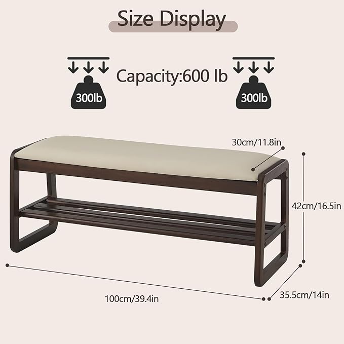 Shoe Rack Bench,2 Tier Wooden Entryway Bench with Shoe Storage, Shoe Rack with Cushion for Living Room, Hallway(Pu Beige, 39.4")