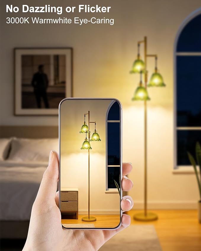 Glass Floor Lamps for Living Room, 3-Light Gold Dimmable Floor Lamp with Green Glass Shade& Bulbs Included, Mid Century Standing Tall Lamp for Bedroom/Sofa Beside/Corner Decor
