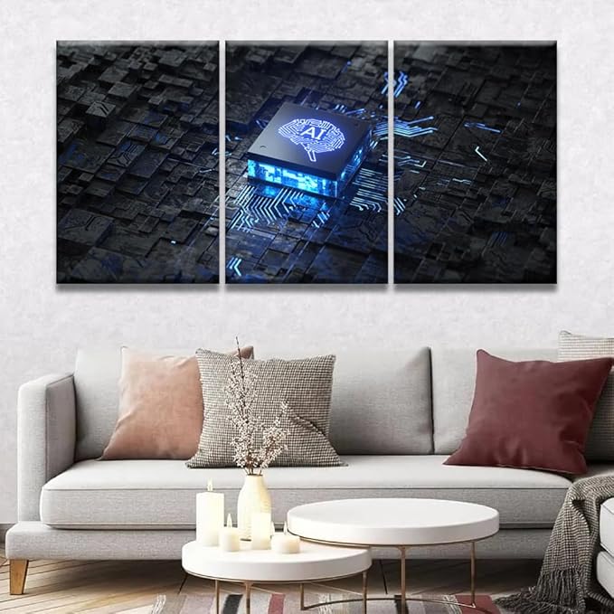 Modern Wall Art 3 Panel Printed AI Artificial Intelligence Concept Pictures Print On Canvas Wall Decor for Living Room, Wooden Framed Gallery-Wrapped Ready to Hang, 16x24inchx3