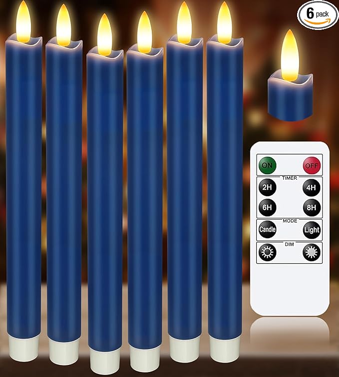 KSWING Upgraded Real Wax LED Flameless Navy Blue Taper Candles with Remote, 6 PCS Candlesticks Battery Operated 3D Flickering - 9.6" Long Realistic Fake Candle Sticks for Home/Wedding/Xmas Deco