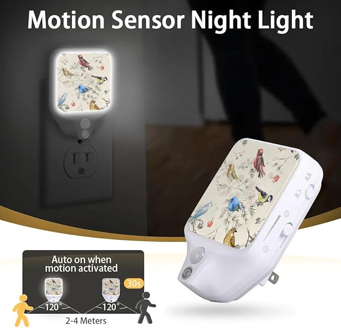 Birds Watercolor Night Lights Plug into Wall, 1.5W Plug in LED Dimmable Motion Sensing Nightlight Auto Dusk to Dawn Sensor for Kids Adults Bedroom, Bathroom, Hallway Warm White