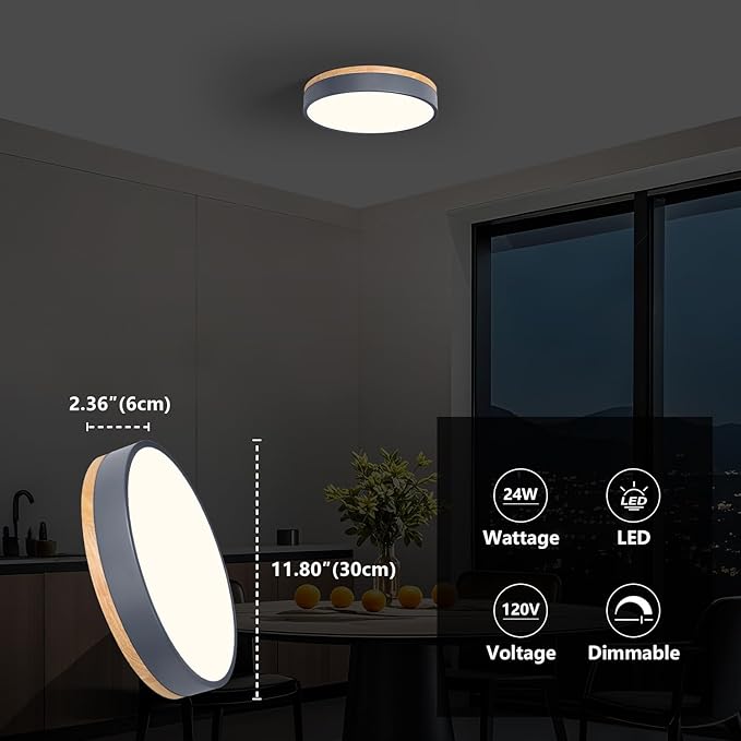 Dimmable Wood Oak Ceiling Light Fixture Modern Gray LED Flush Mount Ceiling Light 5CCT Minimalist Circle Close to Lighting Fixture for Bedroom Kitchen Bathroom Laundry Room 11.81 Inch