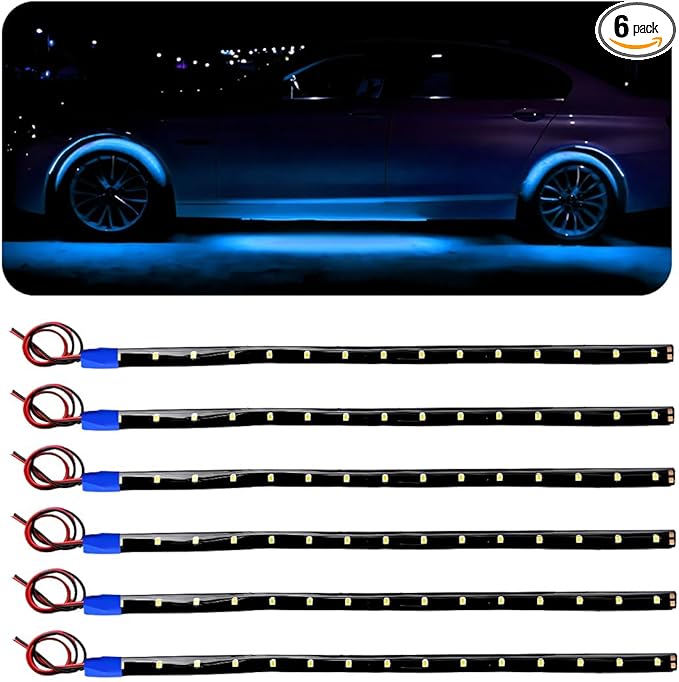 6 PCS 15 LED Strip Underbody Light, DC 12V 1Ft Flexible Underglow Car LED Light Strip with 6 Inch Wire, Waterproof LED Interior Exterior Decoration for Car Truck Motorcycle (Ice Blue)