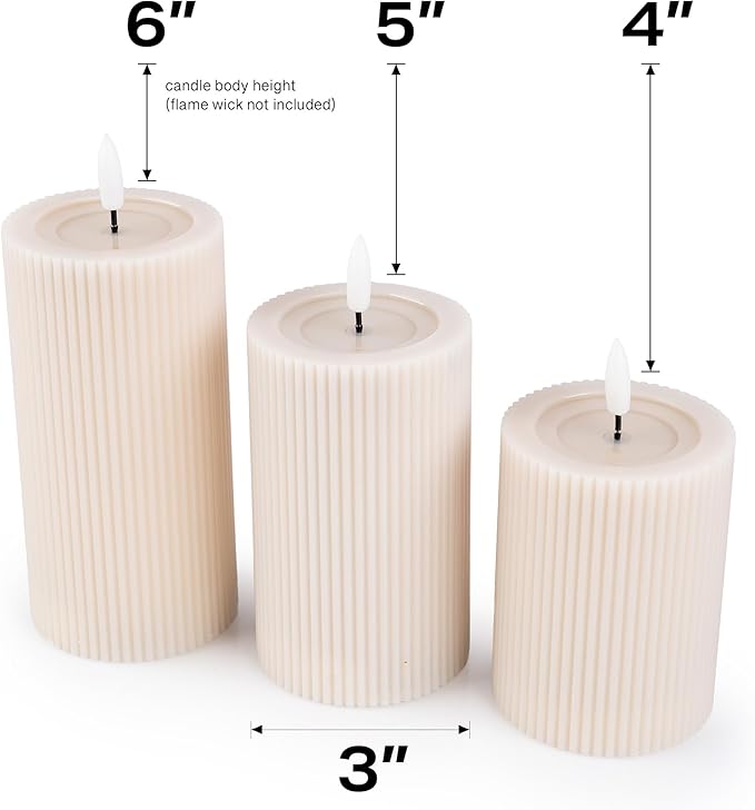 WYZworks Fluted Ribbed LED Pillar Candles, Cream Beige, with Realistic Reflective Melted-Wax Effect – Flickering Flame, Remote, Dimmable, Flameless, Battery Operated, Home & Wedding Decor (Set of 3)