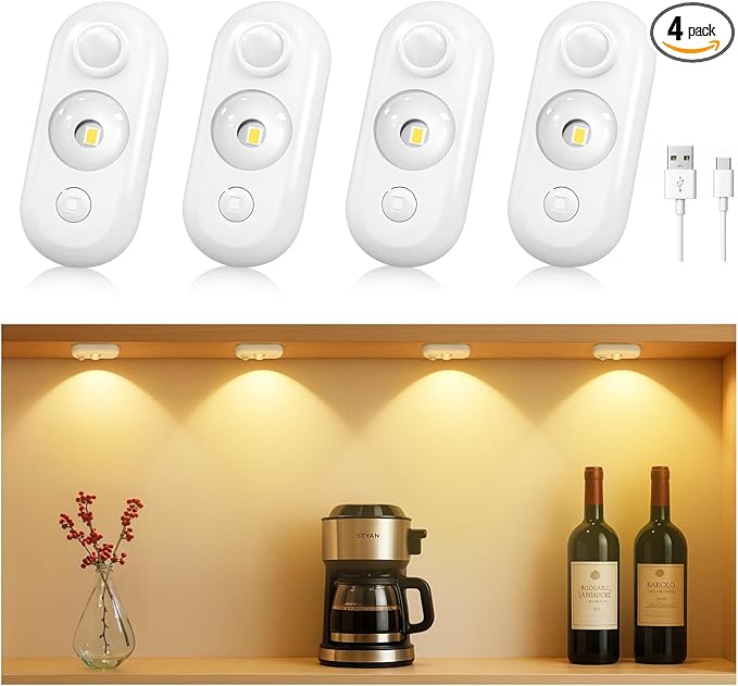 LED Motion Sensor Puck Lights, Small Rechargeable Under Cabinet Light, Dimmable Warm White Closet Lights, Wireless Under Cabinet Lighting for Drawer, Kitchen (4 Pack, White)