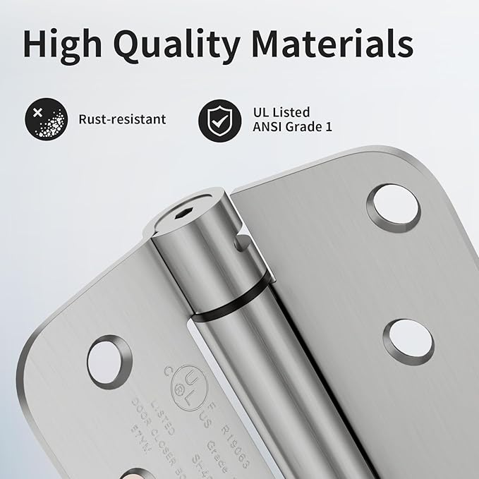 3 Pack Self Closing Door Hinges 4 Inch, Automatic Closing Door Hinge with 5/8'' Radius Corners, Adjustable Tension for Garage, Front, Back Door, UL Listed, Left and Right Hand, Brushed Nickel