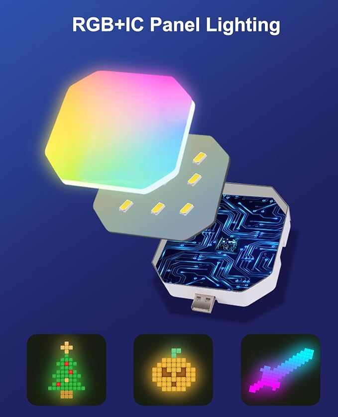 Hexagon LED Panel Lights 12PCS, Smart RGB IC Gaming Wall Lights DIY Panels Work with Alexa Google Assistant, Square Cube Sync with Music App Control for Gaming Setup Room Decor Bedroom TV Gamer Gifts