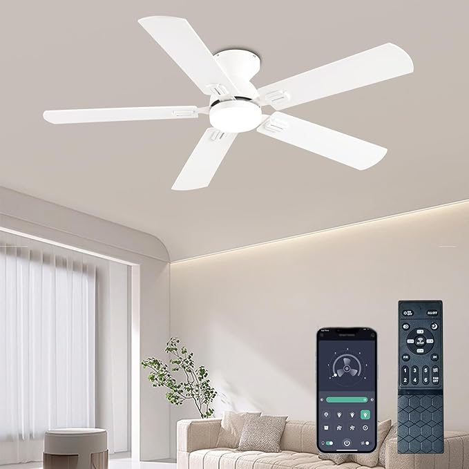 Ceiling Fans with Lights, 52 Inch Low Profile Ceiling Fan with Light and Remote, Flush Mount Ceiling Fan, 3CCT, Dimmable, Noiseless, Ceiling Light Fan for Bedroom, Indoor/Outdoor Use,White