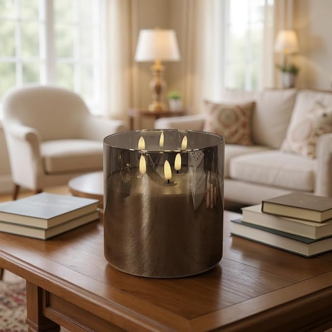 NICEME Extra Large 3 Wick Battery Operated Candle, 6"x6" Big Clear Glass Flameless Candles with Remote, Real Wax Flickering Led Pillar Fake Giant Candle for Wedding Party Holiday Home Decor, Grey