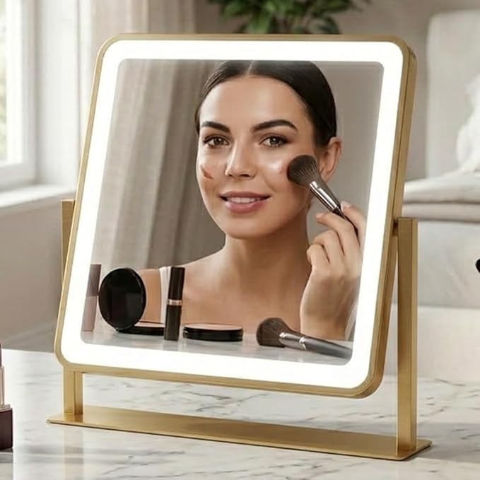 Vanity Mirror with Lights, 12"×14" Makeup Mirror with Lights, LED Makeup Mirror, Brightness Adjustable, Smart Touch with 3 Color Lighting Modes, for Bedroom Tabletop - Gold