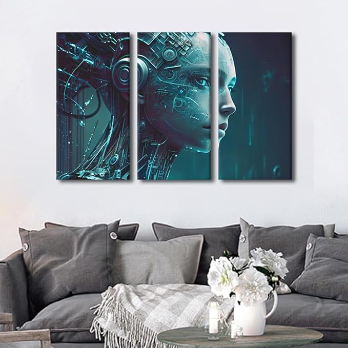 Binary Code Wall Art 3 Panel Artificial Intelligence Pictures Female Robot Wall Art Modern Artwork Home Wall Decor for Living Room Framed Gallery-Wrapped Ready to Hang, 42" Wx28 H