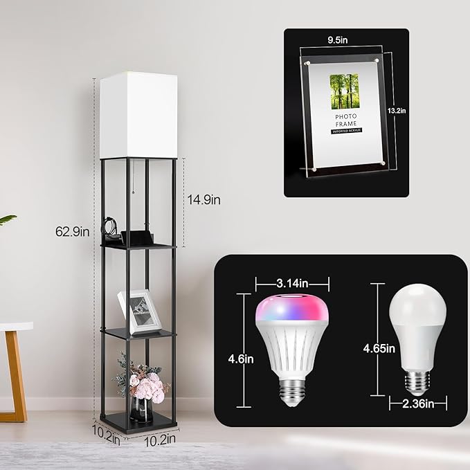 LED Floor Lamp w. Shelves & AC/USB Outlets Smart Light Bulb Galaxy Star Projector Color Changing & App/Voice Controlled Lights w. 3 Level Shelves for Bedroom Living Room Corner